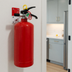 Bright red multipurpose ABC dry-chemical home fire extinguisher mounted on a wall bracket near a kitchen doorway with the pressure gauge visible
