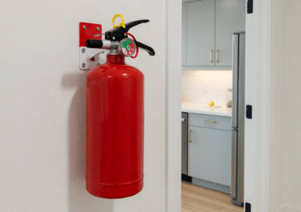 Bright red multipurpose ABC dry-chemical home fire extinguisher mounted on a wall bracket near a kitchen doorway with the pressure gauge visible