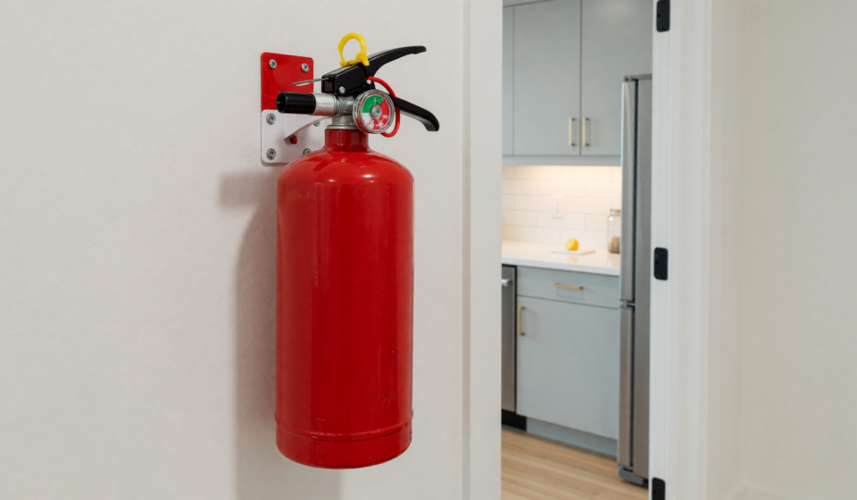 Bright red multipurpose ABC dry-chemical home fire extinguisher mounted on a wall bracket near a kitchen doorway with the pressure gauge visible