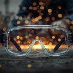 Clear ANSI Z87.1 safety glasses resting on a workbench with a worker grinding metal and sparks in the background
