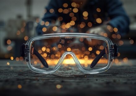 Clear ANSI Z87.1 safety glasses resting on a workbench with a worker grinding metal and sparks in the background