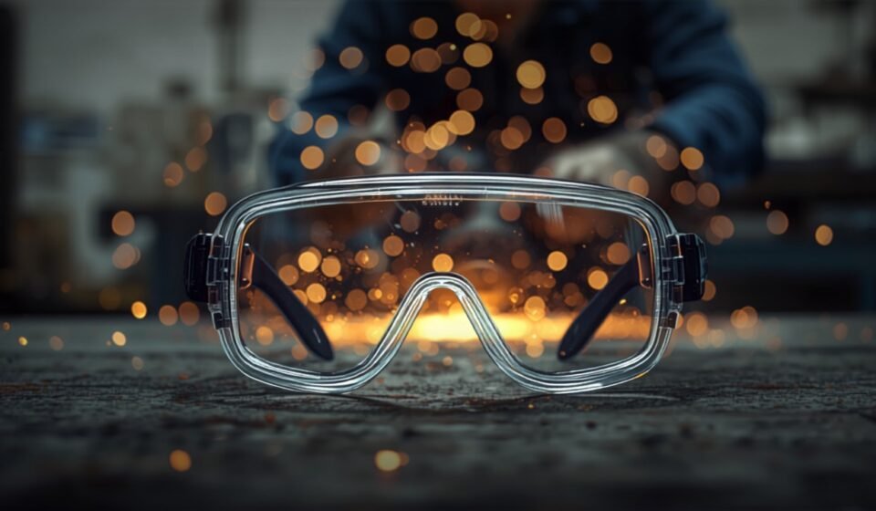 Clear ANSI Z87.1 safety glasses resting on a workbench with a worker grinding metal and sparks in the background