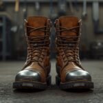 Close-up of rugged brown steel-toe safety work boots on the concrete floor of an industrial workshop