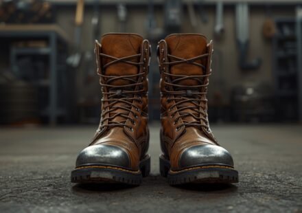 Close-up of rugged brown steel-toe safety work boots on the concrete floor of an industrial workshop