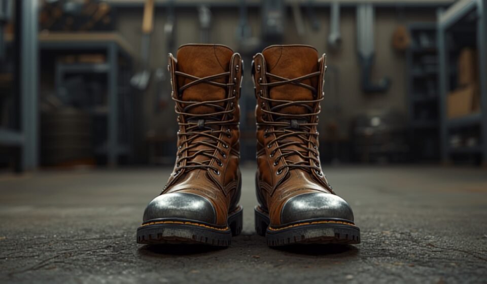 Close-up of rugged brown steel-toe safety work boots on the concrete floor of an industrial workshop