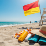 Beach with a warning flag on a lifeguard stand, sunscreen and water shoes