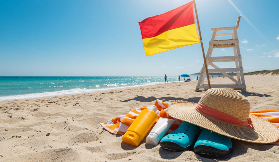 Beach with a warning flag on a lifeguard stand, sunscreen and water shoes