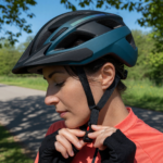 Cyclist fastening a modern bicycle helmet, close-up showing correct fit and buckled chin strap