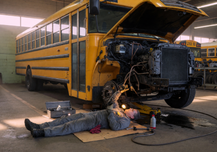 Yellow school bus in a maintenance depot with a mechanic inspecting the brake lines underneath