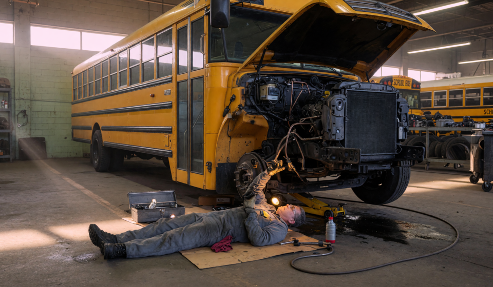 Yellow school bus in a maintenance depot with a mechanic inspecting the brake lines underneath