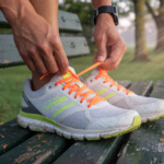 Runner lacing up running shoes on a park bench in soft morning light, close-up on the shoes