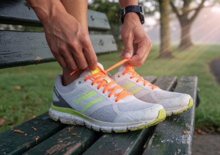 Runner lacing up running shoes on a park bench in soft morning light, close-up on the shoes