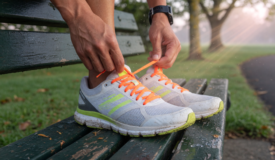Runner lacing up running shoes on a park bench in soft morning light, close-up on the shoes