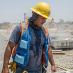 Outdoor worker in a cooling vest and neck gaiter under a hard hat in summer heat