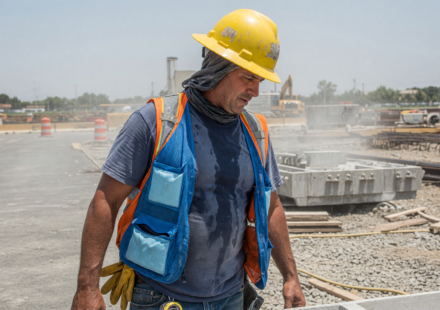 Outdoor worker in a cooling vest and neck gaiter under a hard hat in summer heat