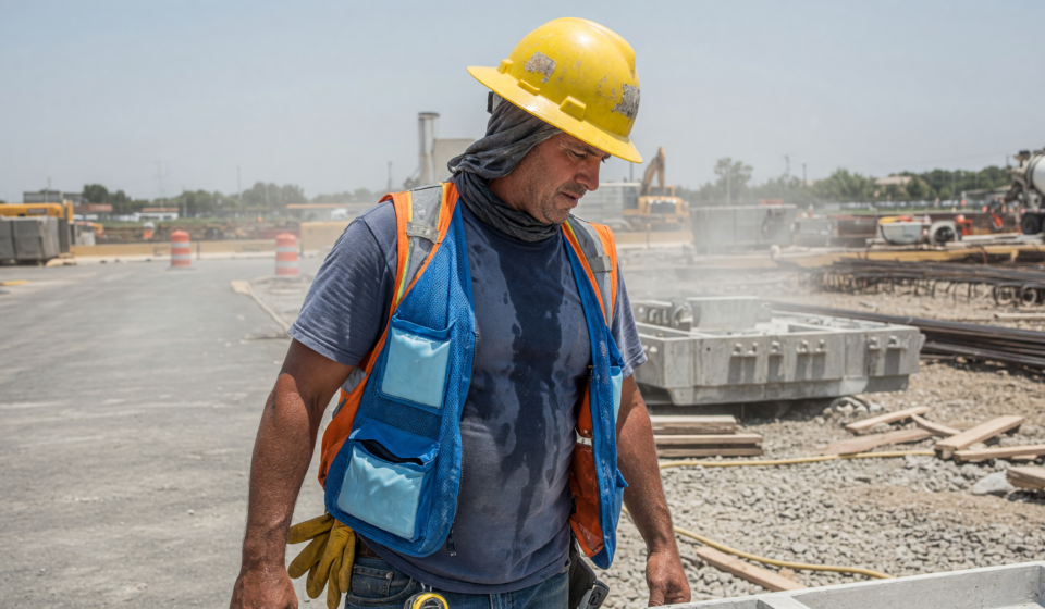 Outdoor worker in a cooling vest and neck gaiter under a hard hat in summer heat