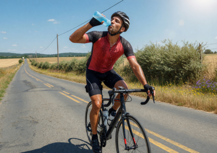 Road cyclist drinking from a water bottle on a sunny summer road