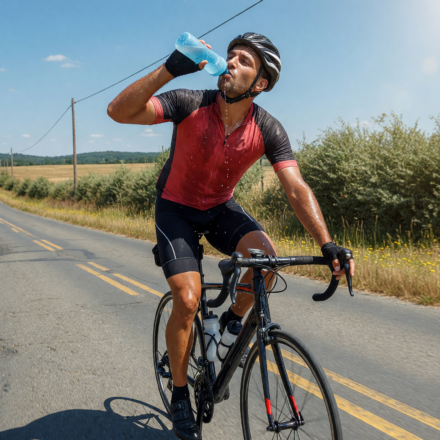 Road cyclist drinking from a water bottle on a sunny summer road