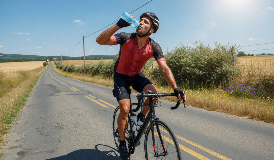 Road cyclist drinking from a water bottle on a sunny summer road