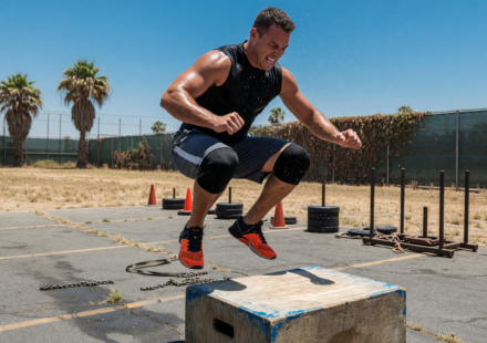 Athlete doing an explosive box jump during outdoor dryland training