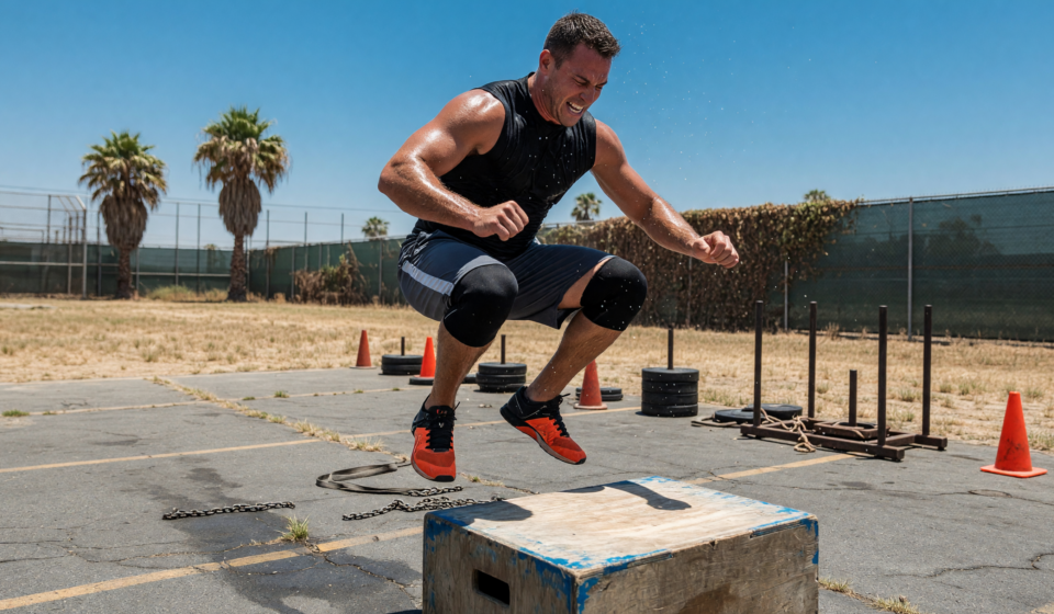 Athlete doing an explosive box jump during outdoor dryland training