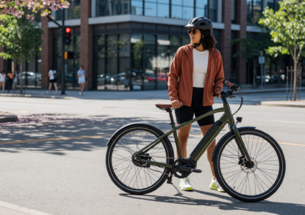 Person wearing a helmet standing next to a modern e-bike on a sunny city street