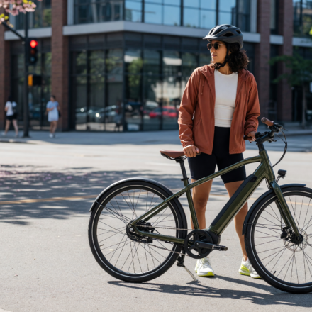 Person wearing a helmet standing next to a modern e-bike on a sunny city street
