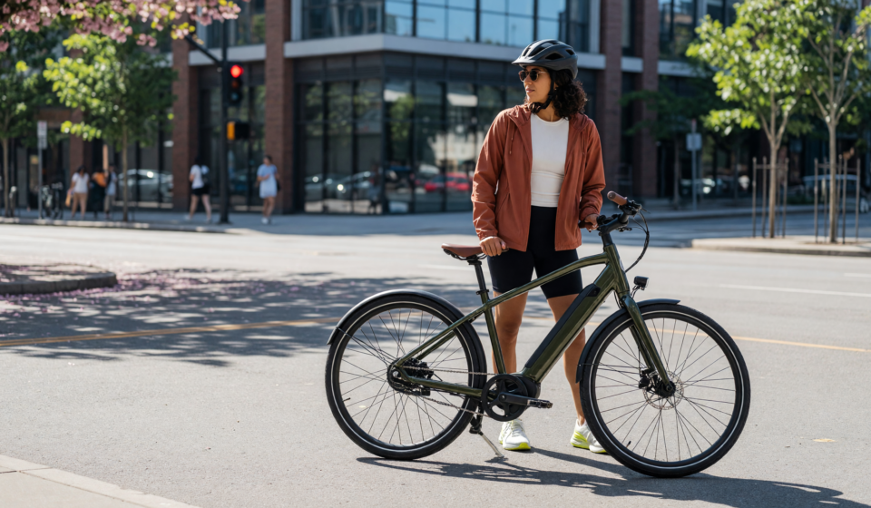 Person wearing a helmet standing next to a modern e-bike on a sunny city street