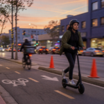 Young adult riding a stand-up electric scooter in a city bike lane at dusk wearing a properly fastened helmet