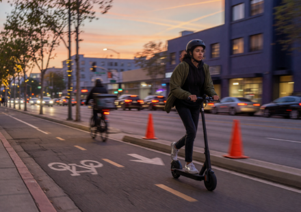 Young adult riding a stand-up electric scooter in a city bike lane at dusk wearing a properly fastened helmet