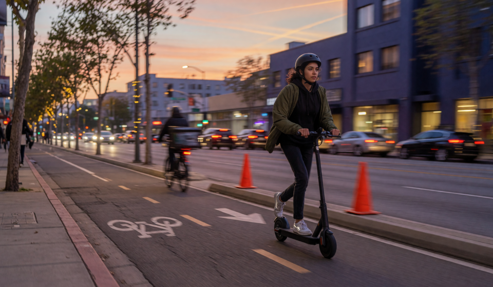 Young adult riding a stand-up electric scooter in a city bike lane at dusk wearing a properly fastened helmet