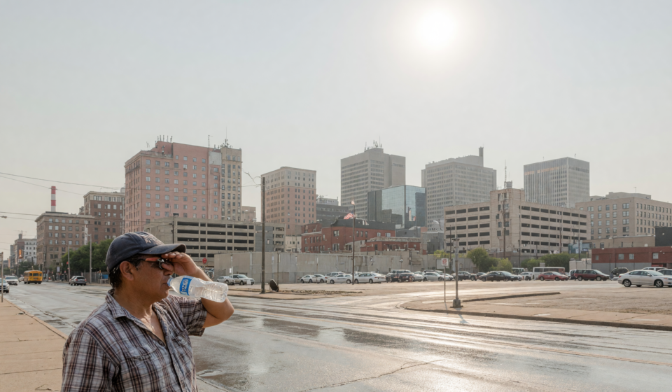 Hazy sun-baked city skyline with heat shimmer while a person shades their eyes and drinks water in extreme heat