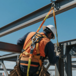 Construction worker wearing a full-body fall-protection harness clipped to an overhead anchor while working at height on a steel building frame