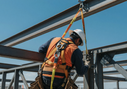 Construction worker wearing a full-body fall-protection harness clipped to an overhead anchor while working at height on a steel building frame