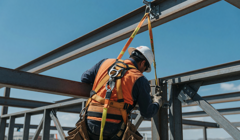 Construction worker wearing a full-body fall-protection harness clipped to an overhead anchor while working at height on a steel building frame