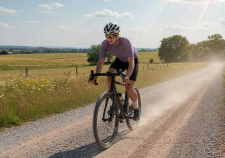 Gravel cyclist in helmet and eye protection on a dusty gravel road