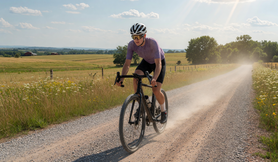 Gravel cyclist in helmet and eye protection on a dusty gravel road
