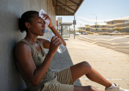 Person resting in the shade drinking water on a very hot sunny day, wiping sweat, heat haze