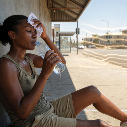 Person resting in the shade drinking water on a very hot sunny day, wiping sweat, heat haze