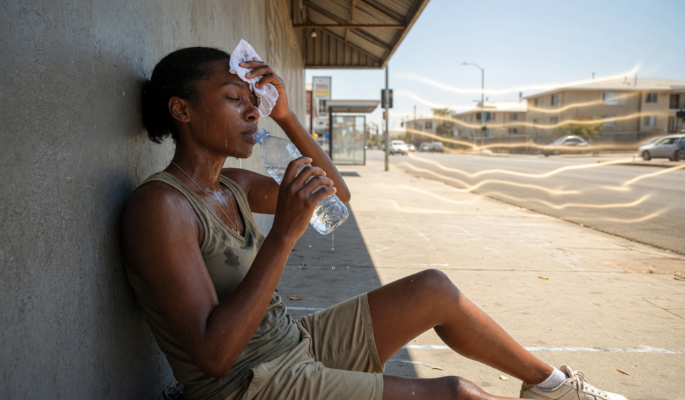 Person resting in the shade drinking water on a very hot sunny day, wiping sweat, heat haze