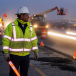 Road construction worker in a fluorescent lime-yellow ANSI Class 3 high-visibility jacket with reflective stripes in a highway work zone at dusk