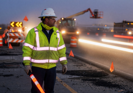 Road construction worker in a fluorescent lime-yellow ANSI Class 3 high-visibility jacket with reflective stripes in a highway work zone at dusk