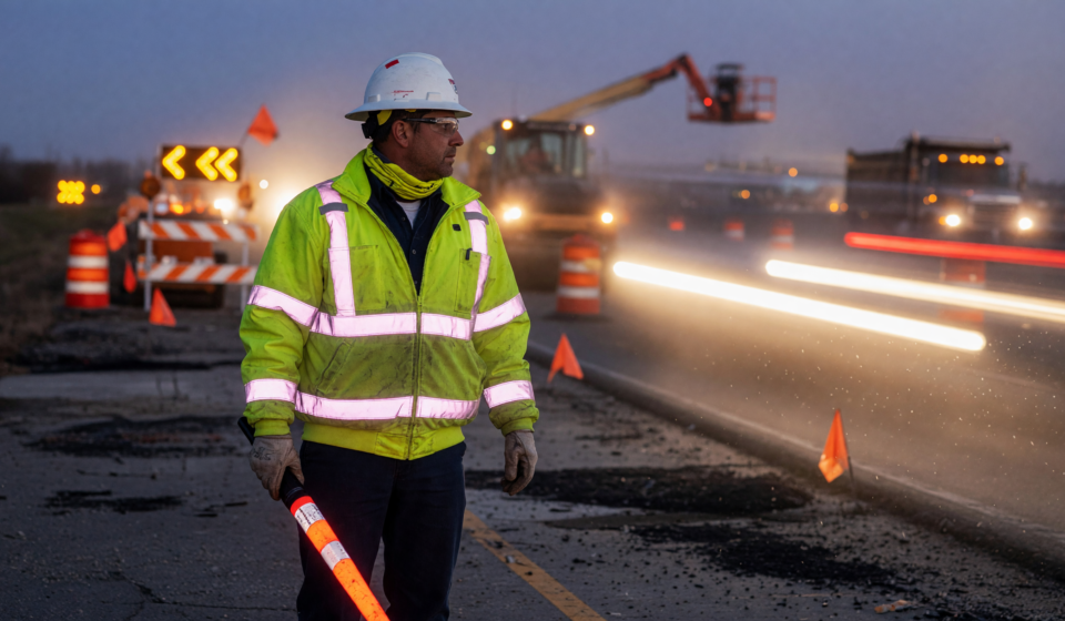 Road construction worker in a fluorescent lime-yellow ANSI Class 3 high-visibility jacket with reflective stripes in a highway work zone at dusk