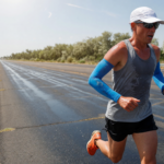 Runner in a vented cap and cooling arm sleeves on a sunny summer road