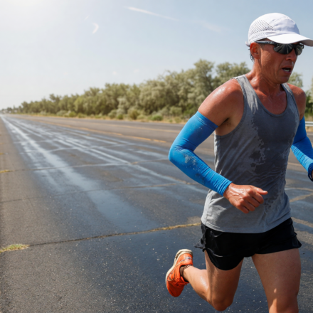 Runner in a vented cap and cooling arm sleeves on a sunny summer road