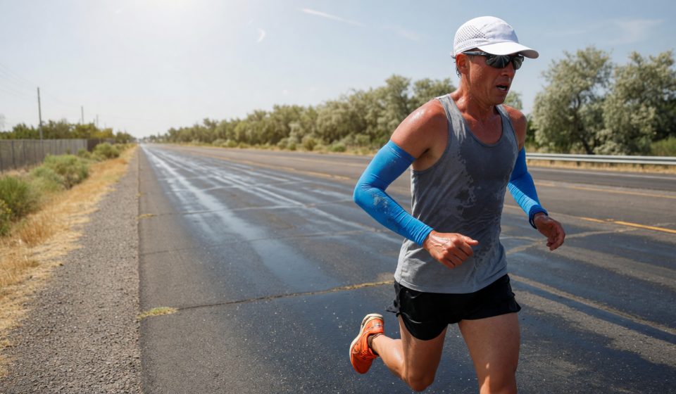 Runner in a vented cap and cooling arm sleeves on a sunny summer road