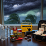 Home hurricane emergency kit on a table with water, canned food, weather radio, flashlight and first-aid kit, storm through the window