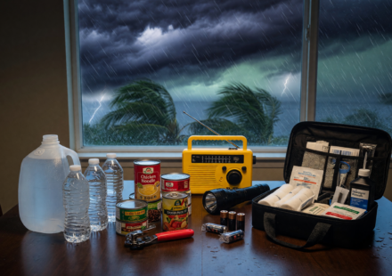 Home hurricane emergency kit on a table with water, canned food, weather radio, flashlight and first-aid kit, storm through the window