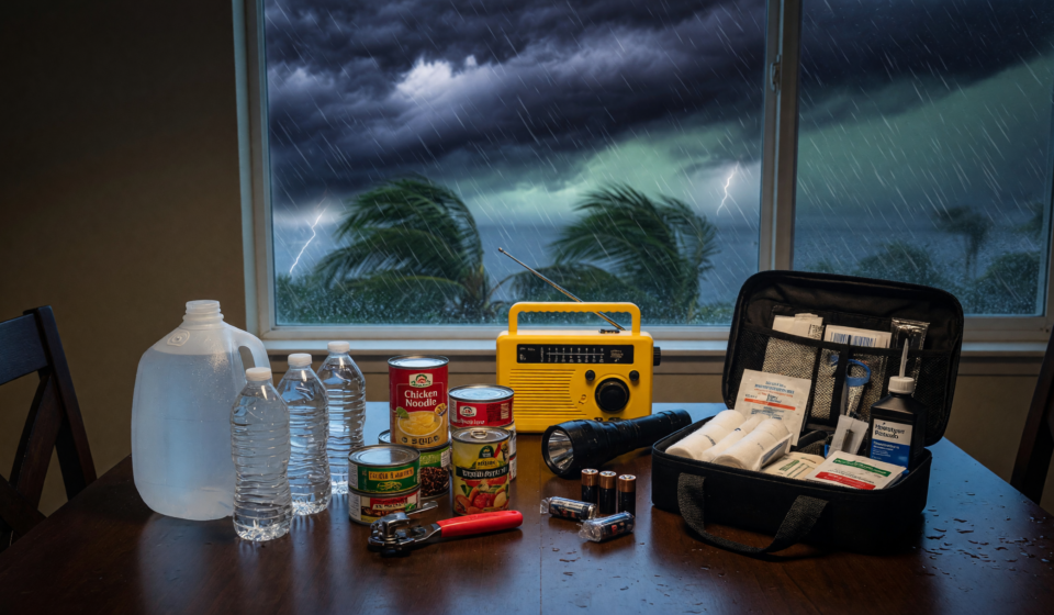Home hurricane emergency kit on a table with water, canned food, weather radio, flashlight and first-aid kit, storm through the window