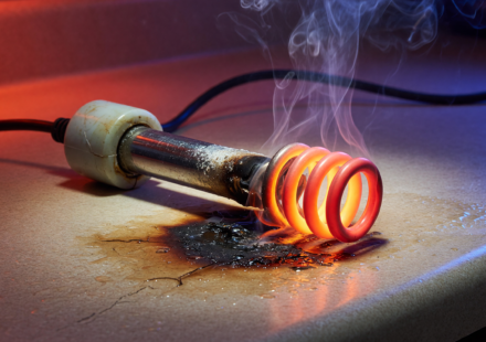 A hot immersion water heater element smoking on a countertop, illustrating the CPSC fire hazard warning